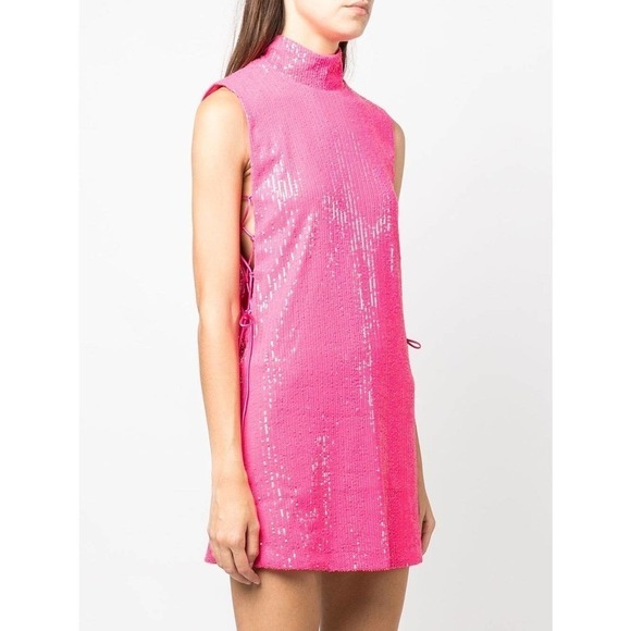 ROTATE BIRGER CHRISTENSEN Sequined Turtleneck Barbie Pink Mini Dress Size 4 NWT - Picture 3 of 11